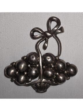 Vintage Silver Basket of Grapes Pin Brooch with Bow